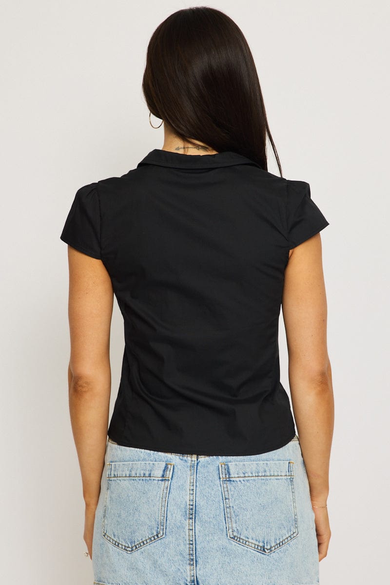 Black Short Sleeve Shirt Collared Button Up Lined for Ally Fashion
