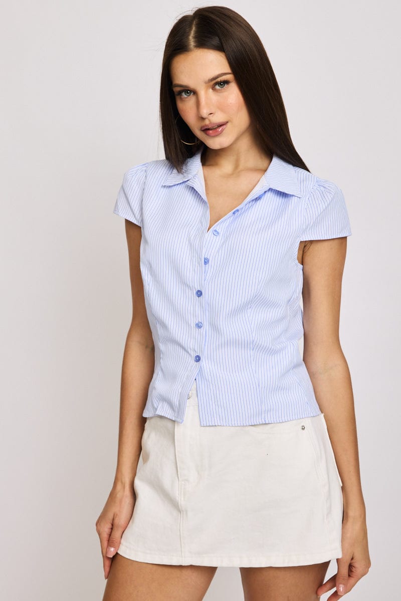 Blue Stripe Short Sleeve Shirt Collared Button Up Lined for Ally Fashion