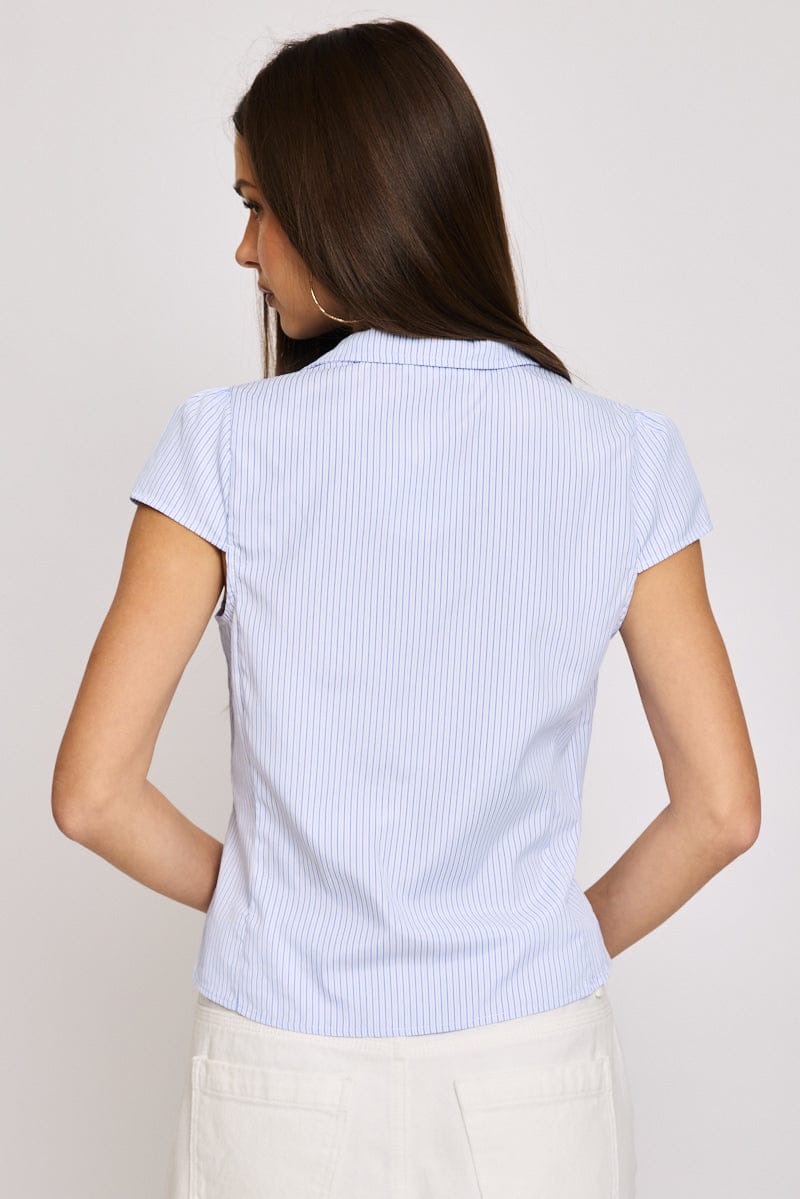 Blue Stripe Short Sleeve Shirt Collared Button Up Lined for Ally Fashion