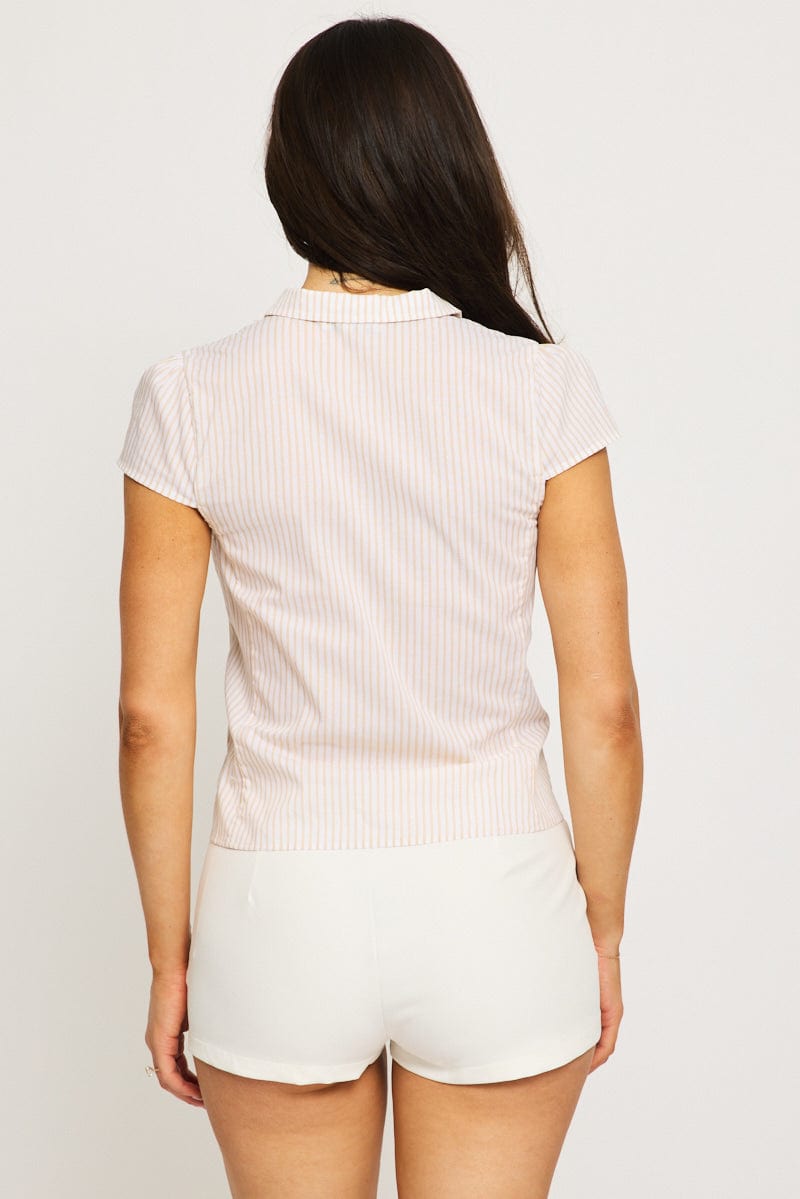 Yellow Stripe Short Sleeve Shirt Collared Button Up Lined for Ally Fashion