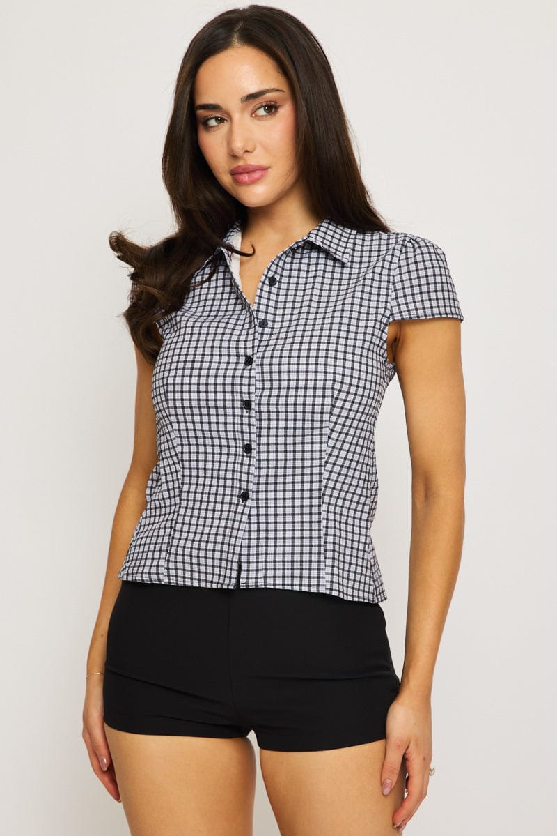 Black Check Short Sleeve Shirt Collared Button Up Lined for Ally Fashion