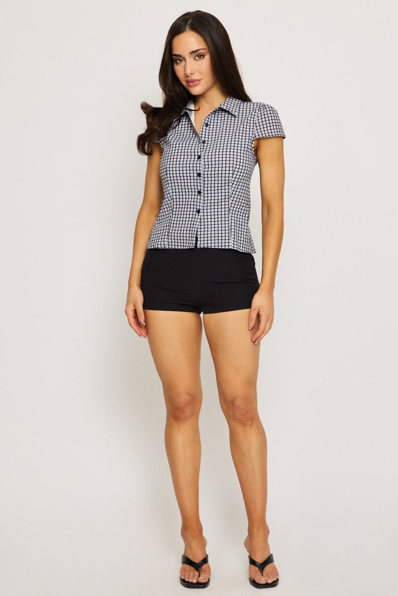 Black Check Short Sleeve Shirt Collared Button Up Lined for Ally Fashion