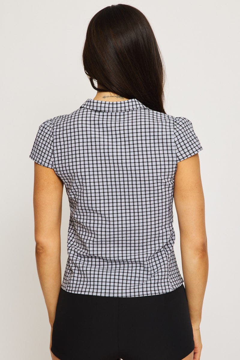 Black Check Short Sleeve Shirt Collared Button Up Lined for Ally Fashion