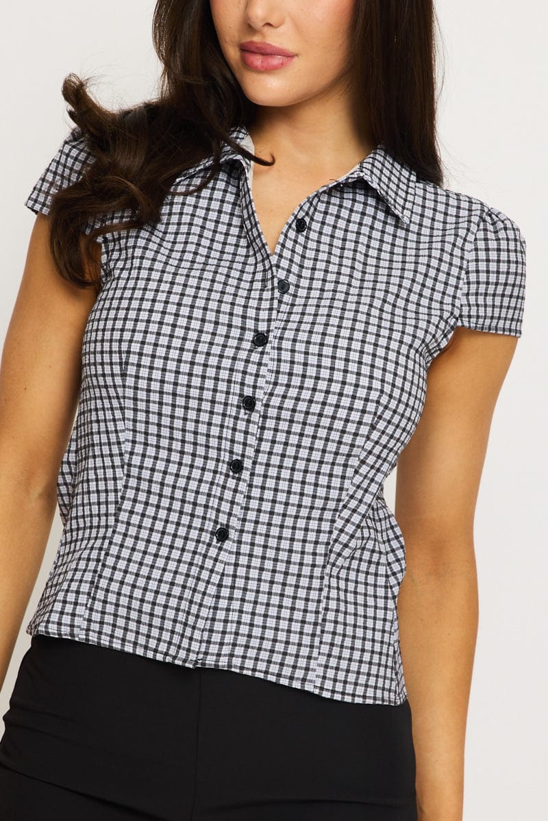 Black Check Short Sleeve Shirt Collared Button Up Lined for Ally Fashion