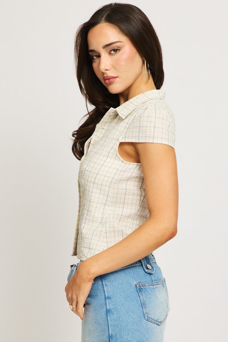 Blue Check Short Sleeve Shirt Collared Button Up Lined for Ally Fashion