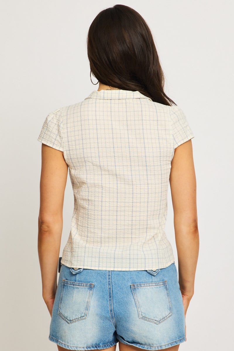 Blue Check Short Sleeve Shirt Collared Button Up Lined for Ally Fashion