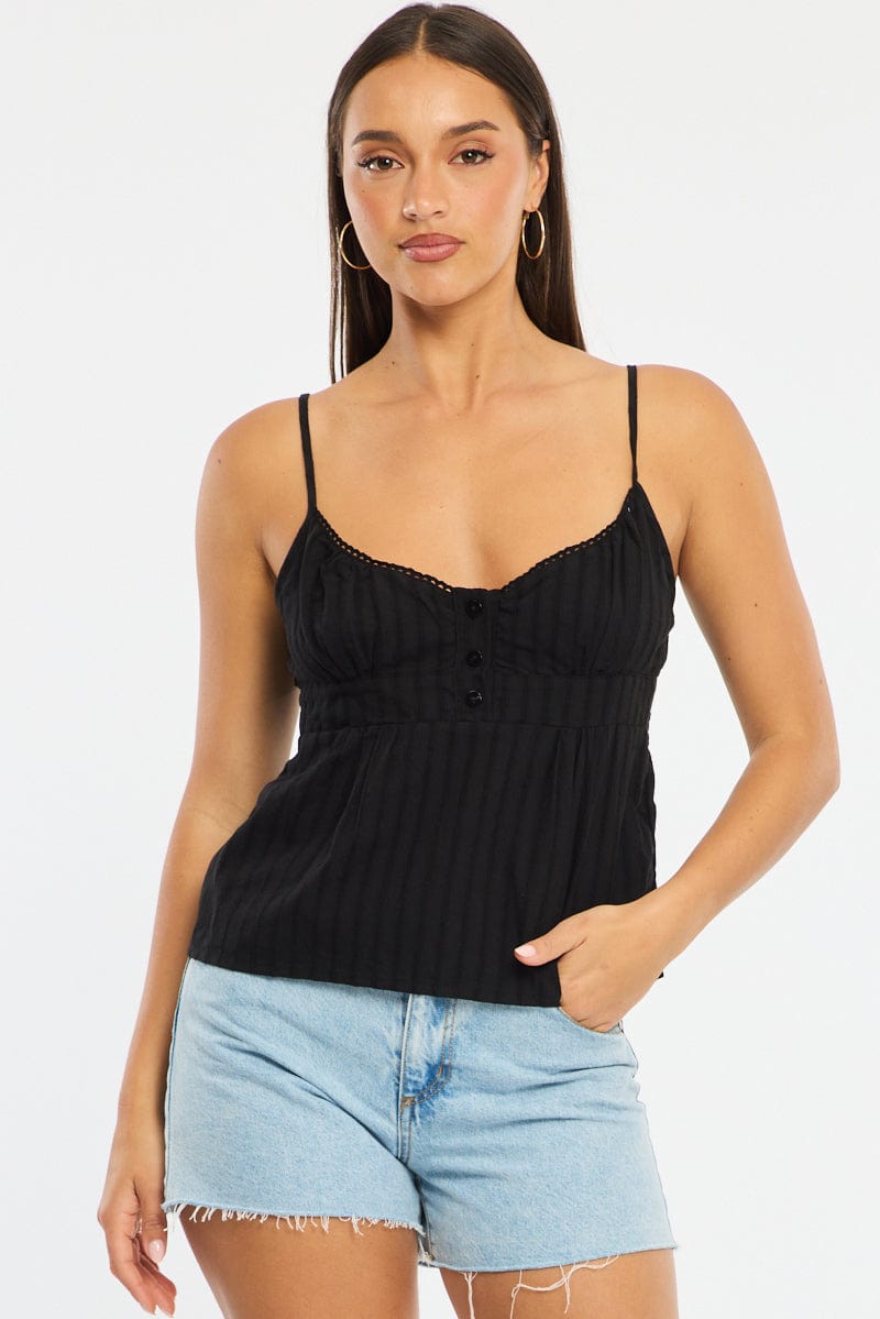 Black Babydoll Cami Sleeveless Scoop Neck Button Front for Ally Fashion