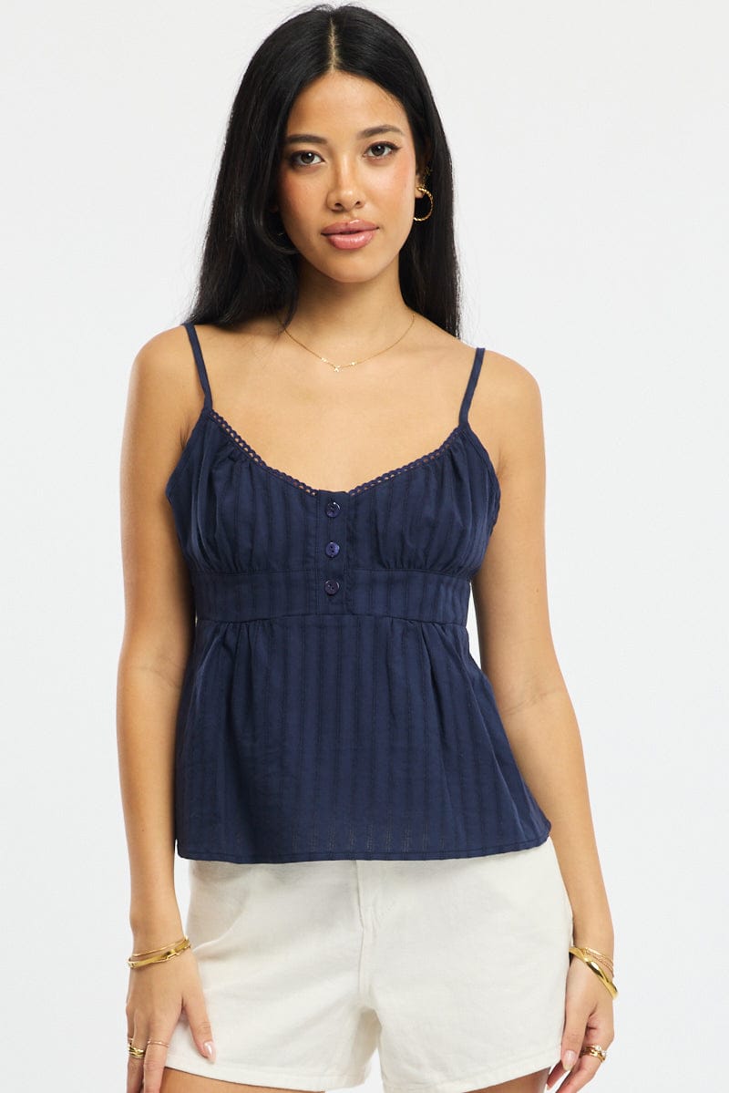 Blue Babydoll Cami Sleeveless Scoop Neck Button Front for Ally Fashion