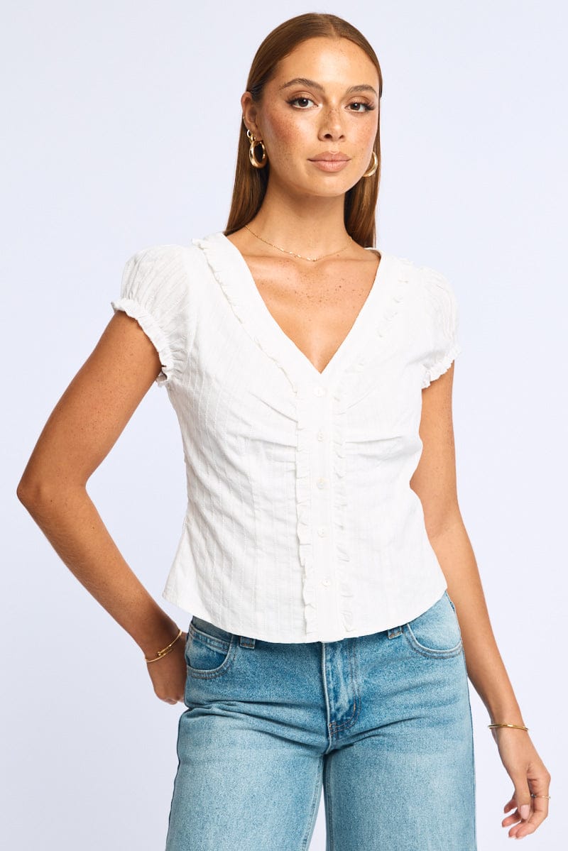 White Cap Sleeve Top V-neck Button Up Textured Cotton for Ally Fashion