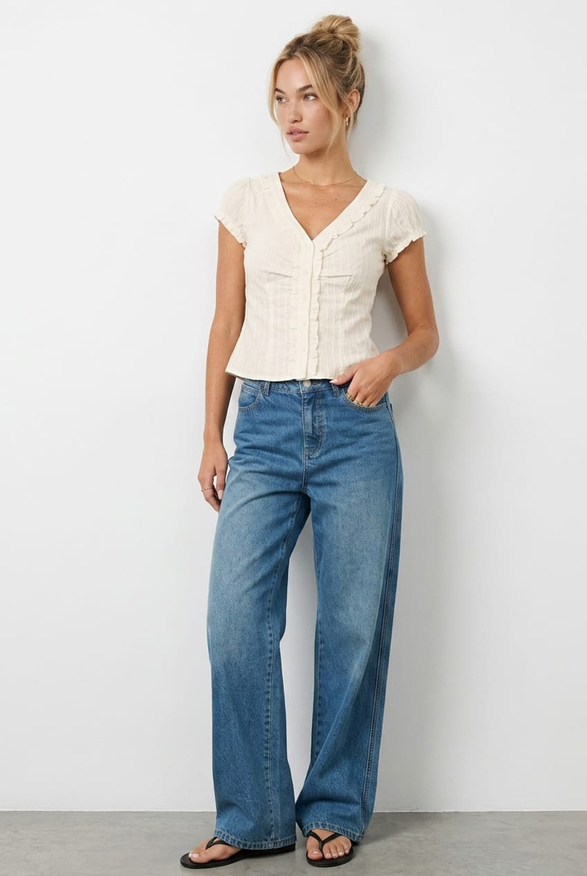 White Cap Sleeve Top V-neck Button Up Textured Cotton for Ally Fashion