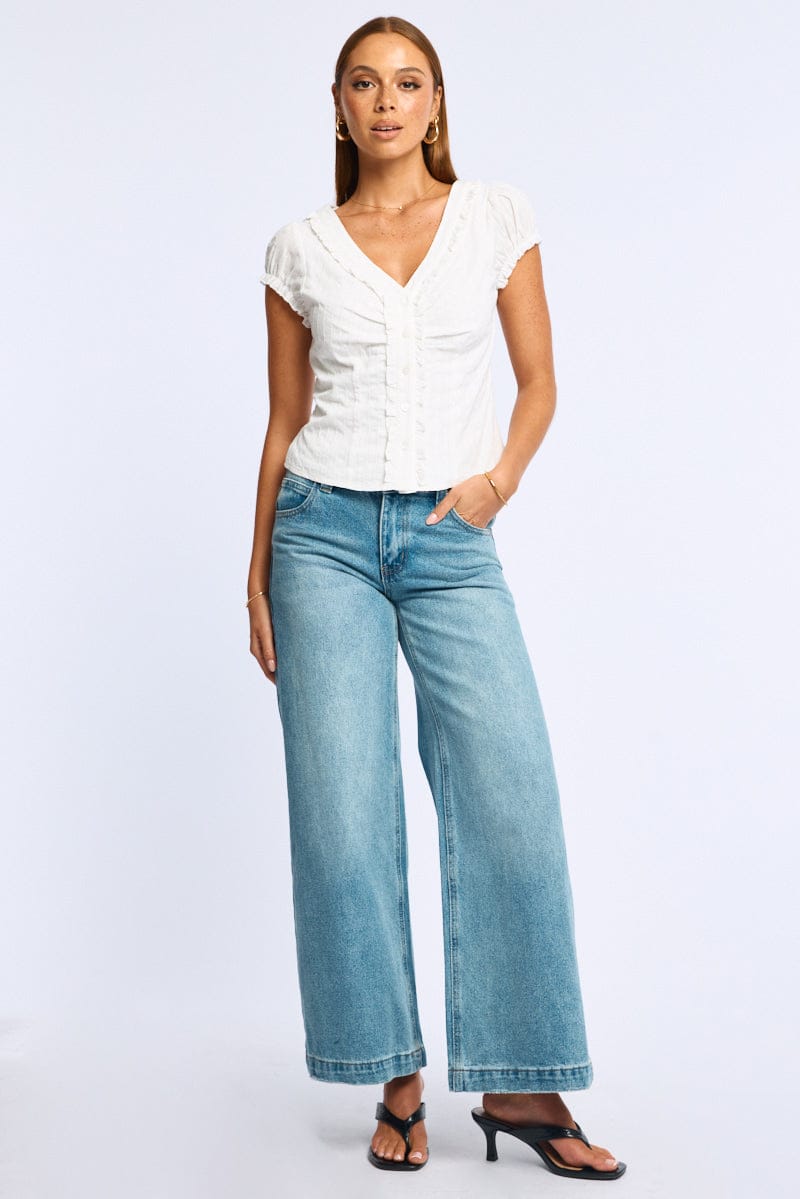 White Cap Sleeve Top V-neck Button Up Textured Cotton for Ally Fashion