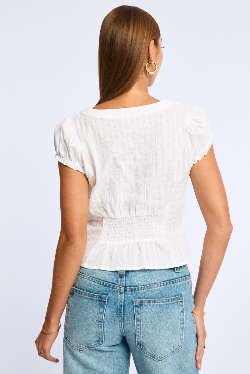 White Cap Sleeve Top V-neck Button Up Textured Cotton for Ally Fashion