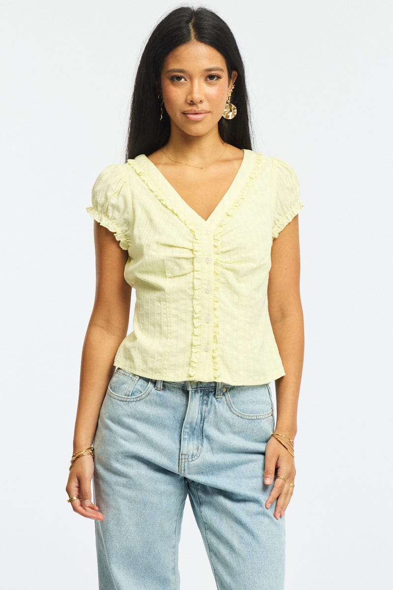 Yellow Cap Sleeve Top V-neck Button Up Textured Cotton for Ally Fashion