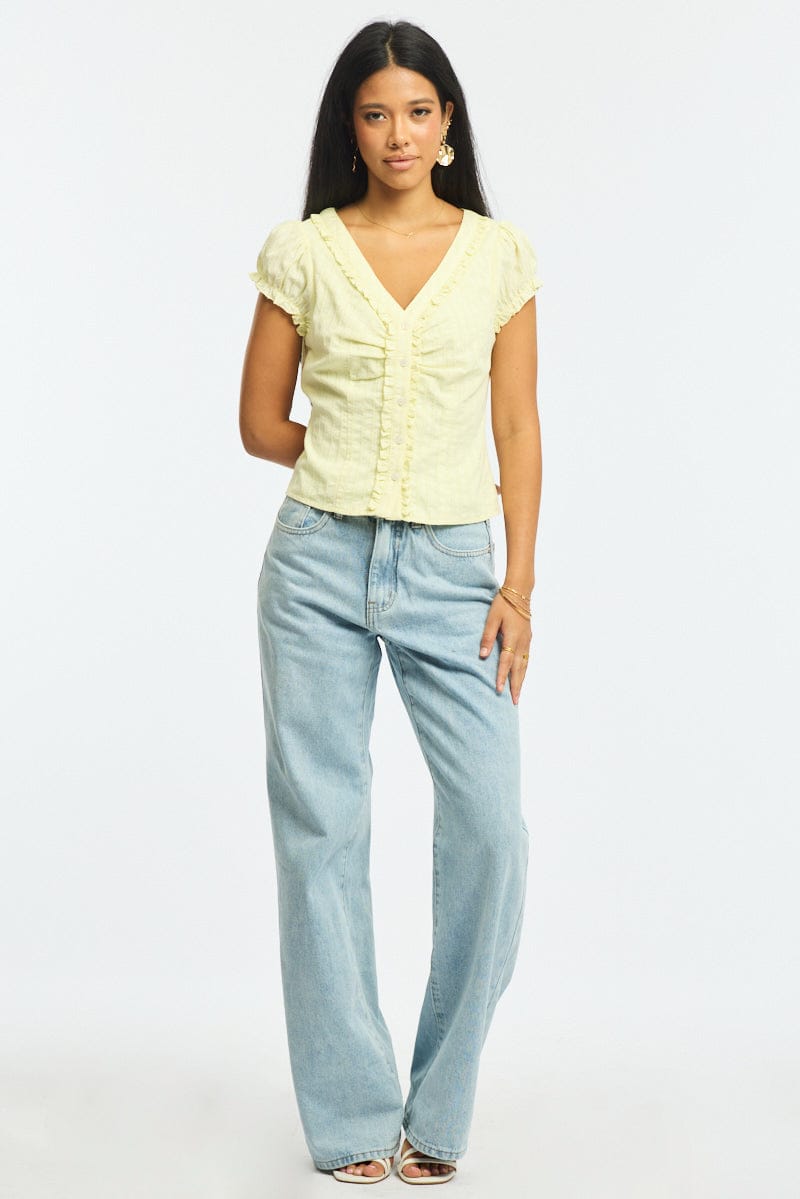 Yellow Cap Sleeve Top V-neck Button Up Textured Cotton for Ally Fashion