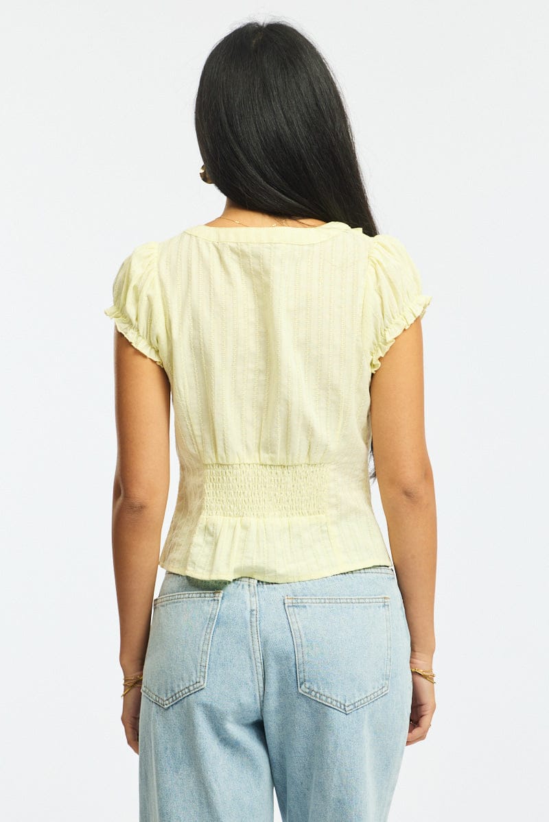 Yellow Cap Sleeve Top V-neck Button Up Textured Cotton for Ally Fashion