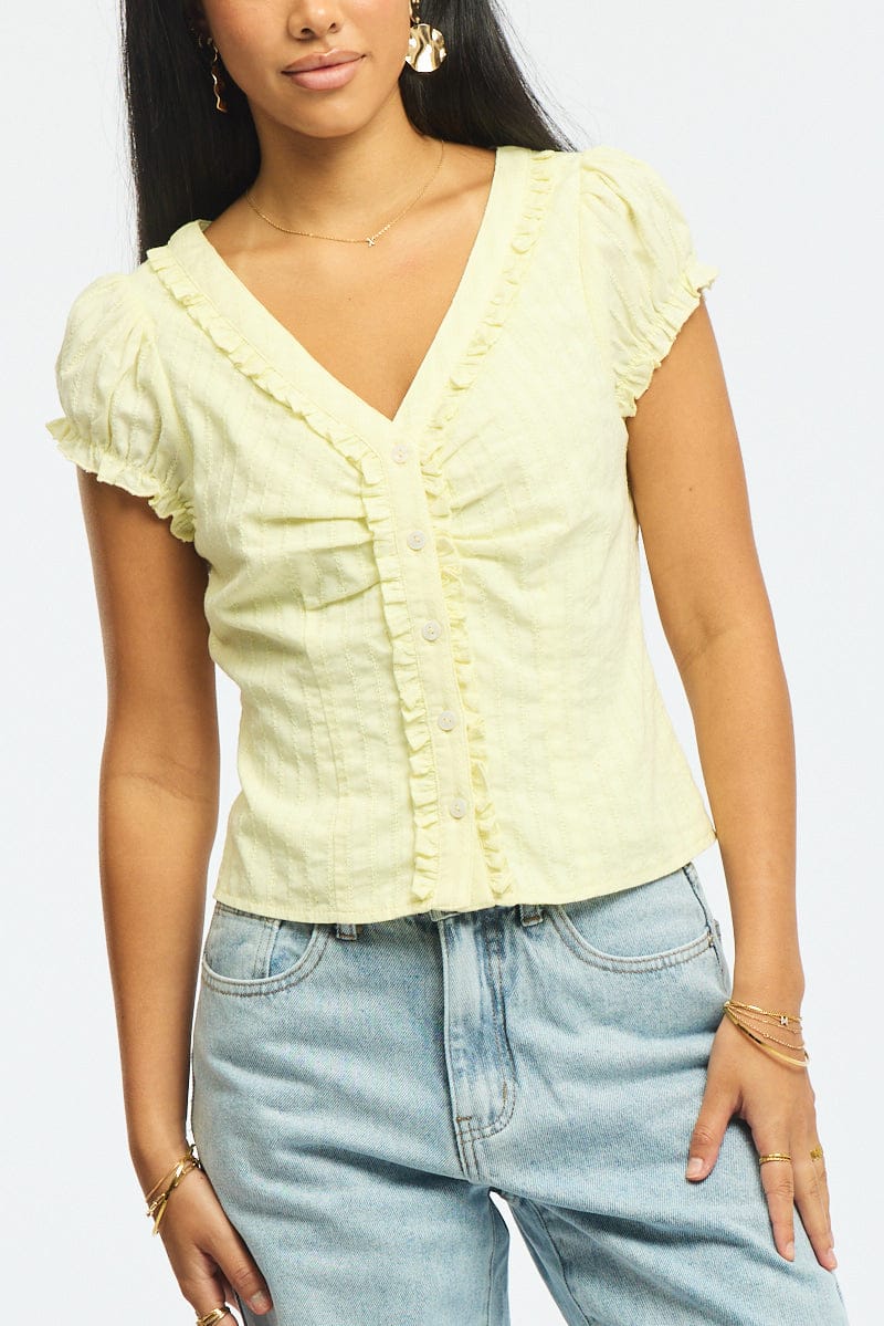 Yellow Cap Sleeve Top V-neck Button Up Textured Cotton for Ally Fashion