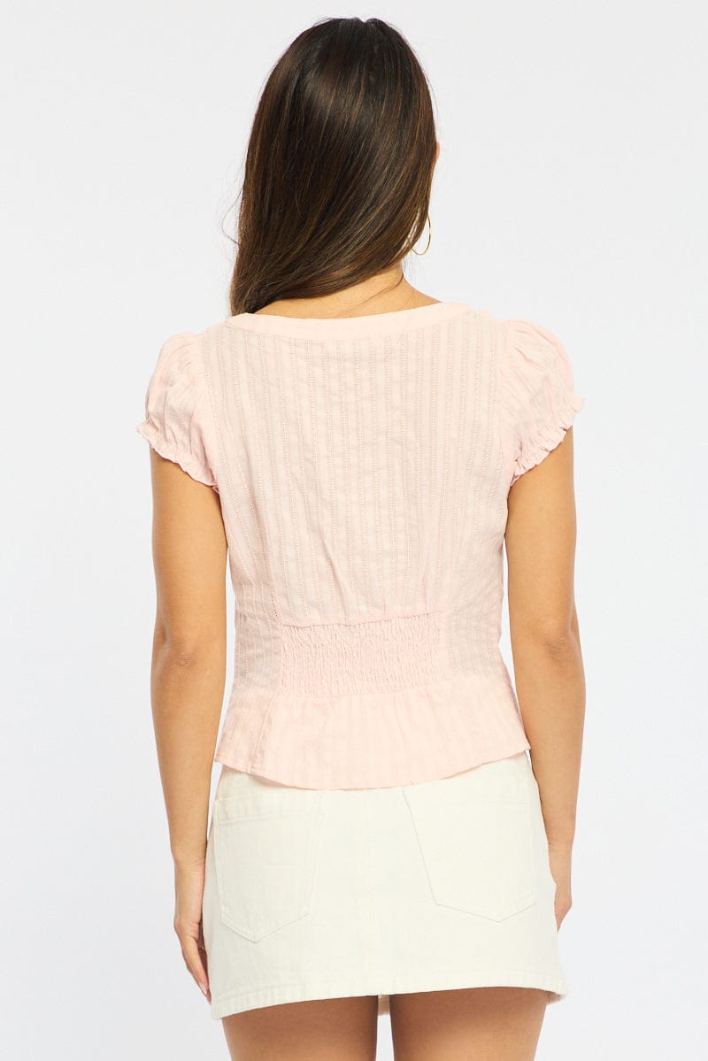 Pink Cap Sleeve Top V-neck Button Up Textured Cotton for Ally Fashion