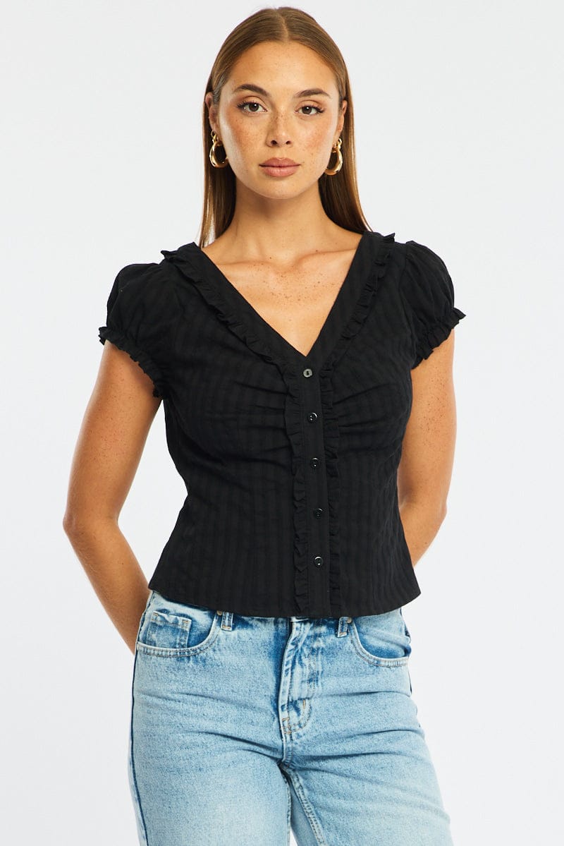Black Cap Sleeve Top V-neck Button Up Textured Cotton for Ally Fashion