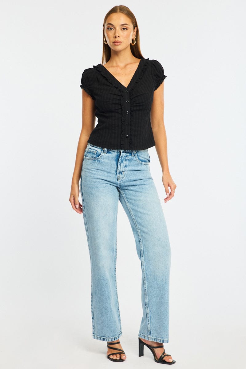 Black Cap Sleeve Top V-neck Button Up Textured Cotton for Ally Fashion