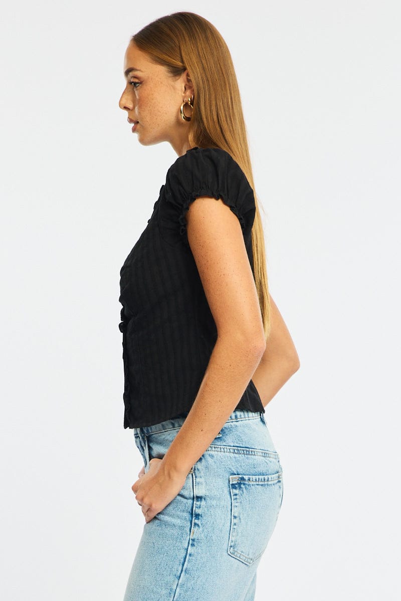 Black Cap Sleeve Top V-neck Button Up Textured Cotton for Ally Fashion
