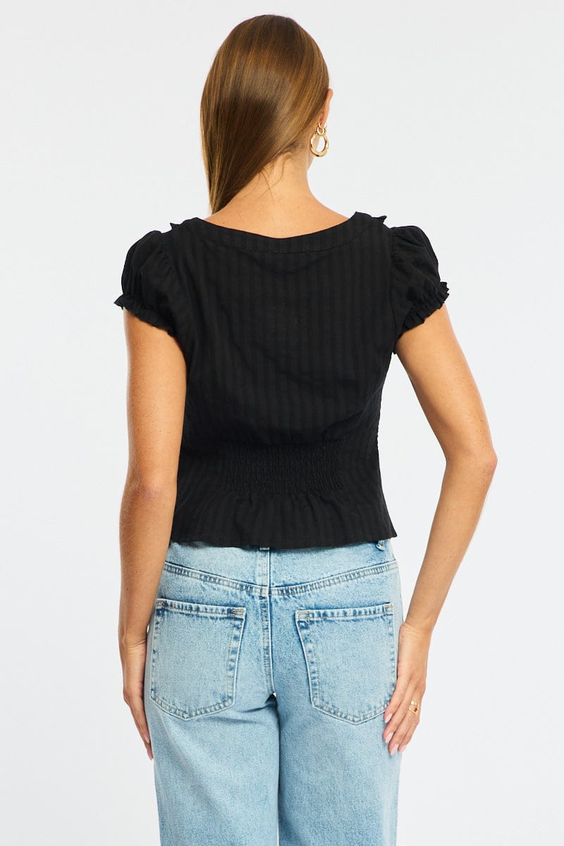 Black Cap Sleeve Top V-neck Button Up Textured Cotton for Ally Fashion