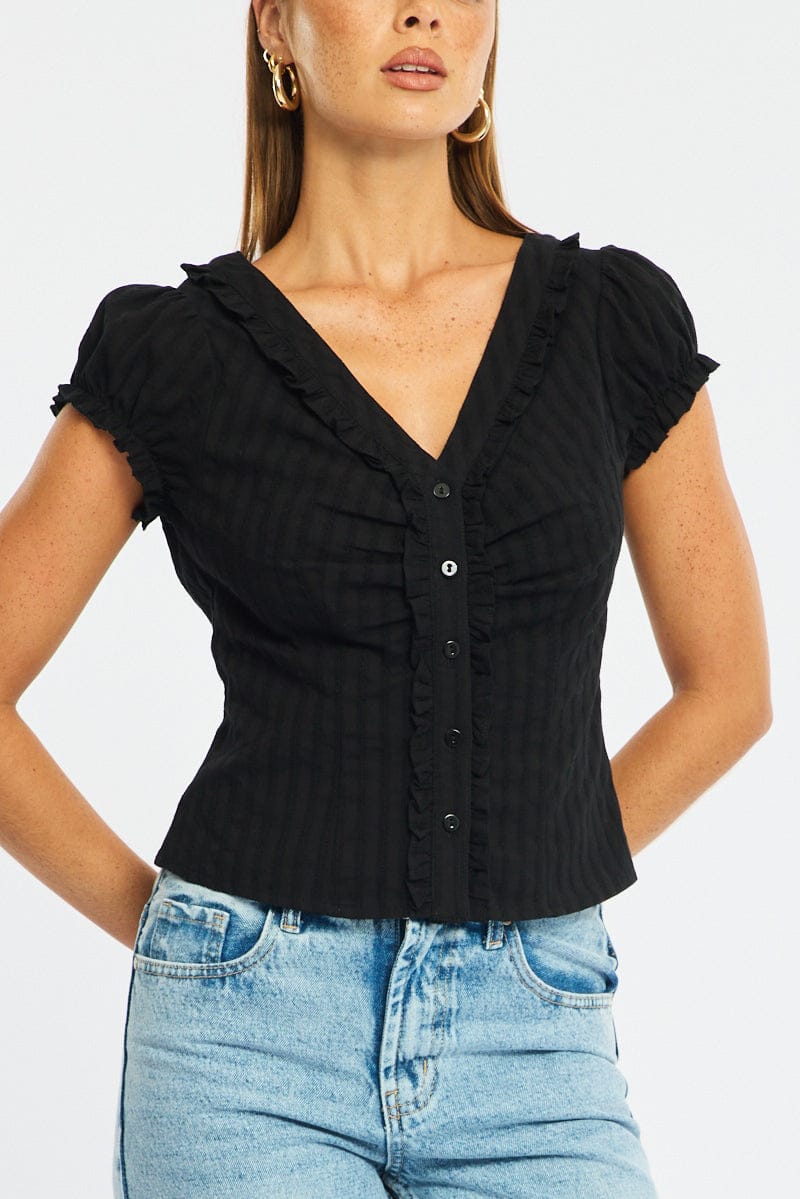 Black Cap Sleeve Top V-neck Button Up Textured Cotton for Ally Fashion