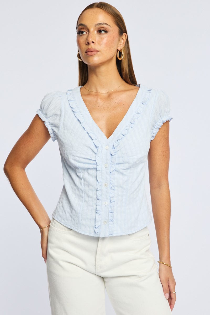 Blue Cap Sleeve Top V-neck Button Up Textured Cotton for Ally Fashion