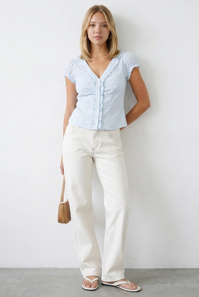 Blue Cap Sleeve Top V-neck Button Up Textured Cotton for Ally Fashion