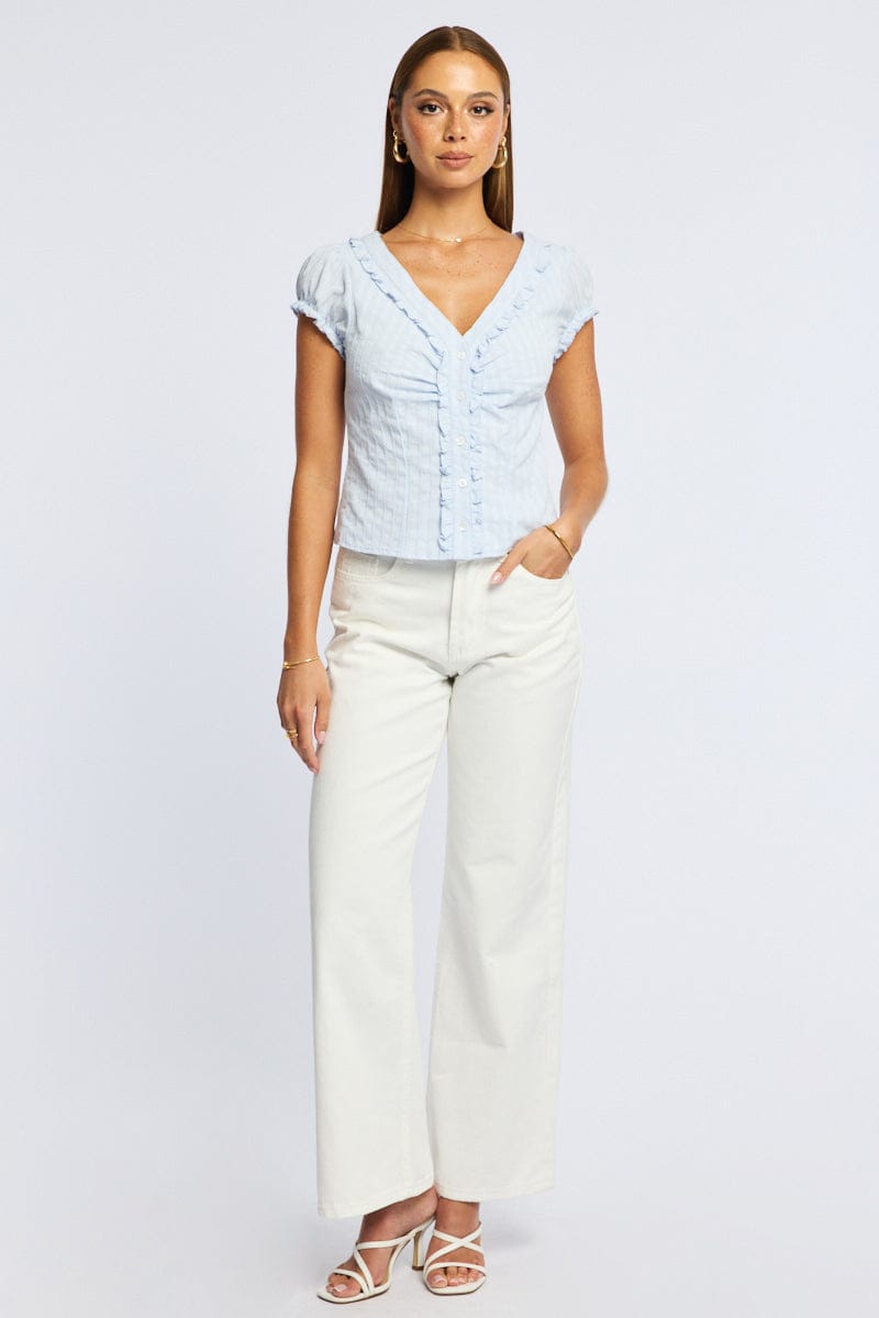 Blue Cap Sleeve Top V-neck Button Up Textured Cotton for Ally Fashion