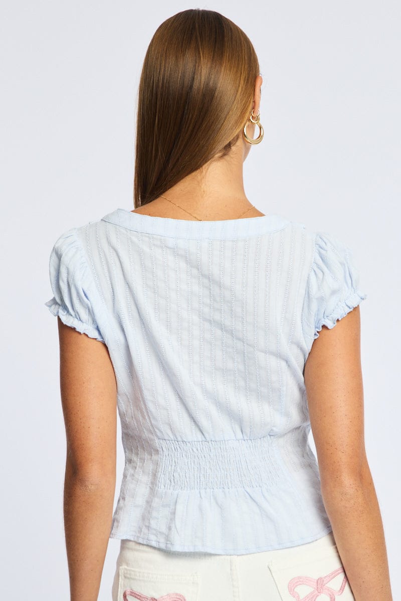 Blue Cap Sleeve Top V-neck Button Up Textured Cotton for Ally Fashion
