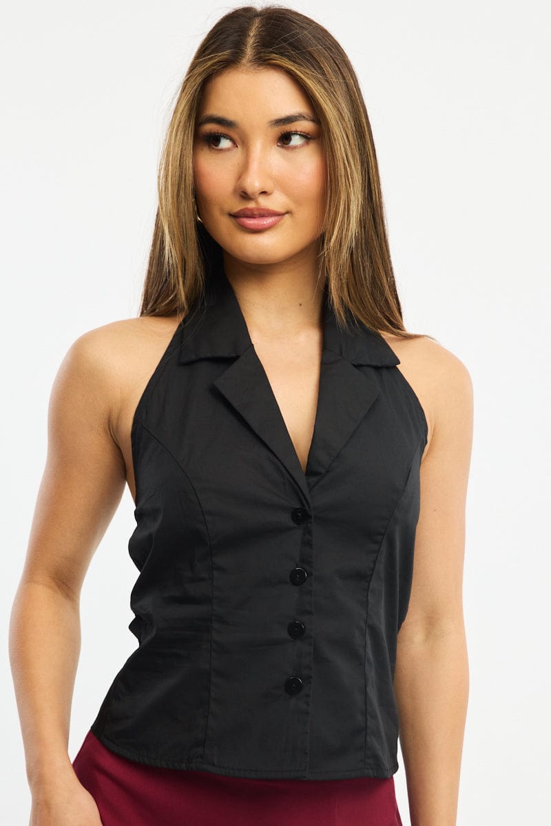 Black Halter Shirt Top Sleeveless Collared Button Up for Ally Fashion