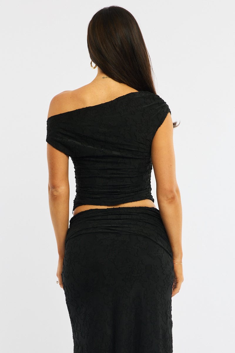 Black Asymmetric Top Sleeveless One Shoulder Textured for Ally Fashion