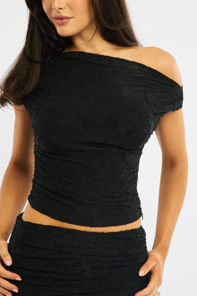 Black Asymmetric Top Sleeveless One Shoulder Textured for Ally Fashion