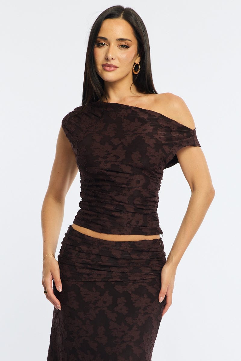 Brown Asymmetric Top Sleeveless One Shoulder Textured for Ally Fashion