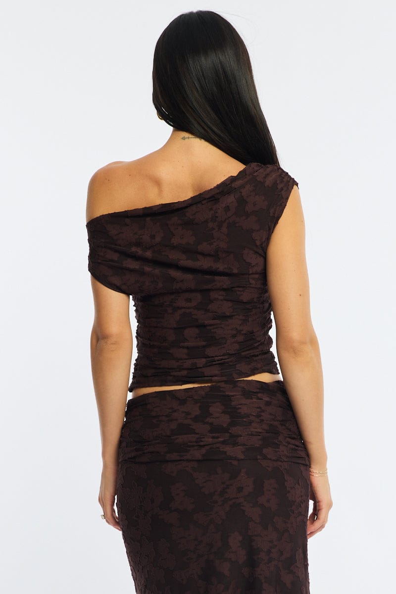 Brown Asymmetric Top Sleeveless One Shoulder Textured for Ally Fashion