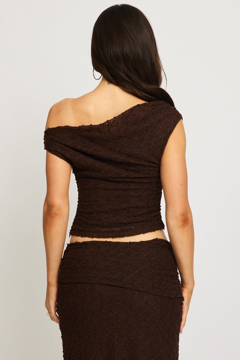 Brown Asymmetric Top Sleeveless One Shoulder Textured for Ally Fashion
