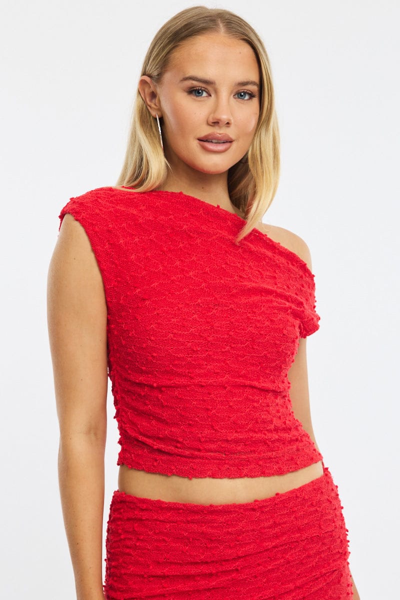 Red Asymmetric Top Sleeveless One Shoulder Textured for Ally Fashion