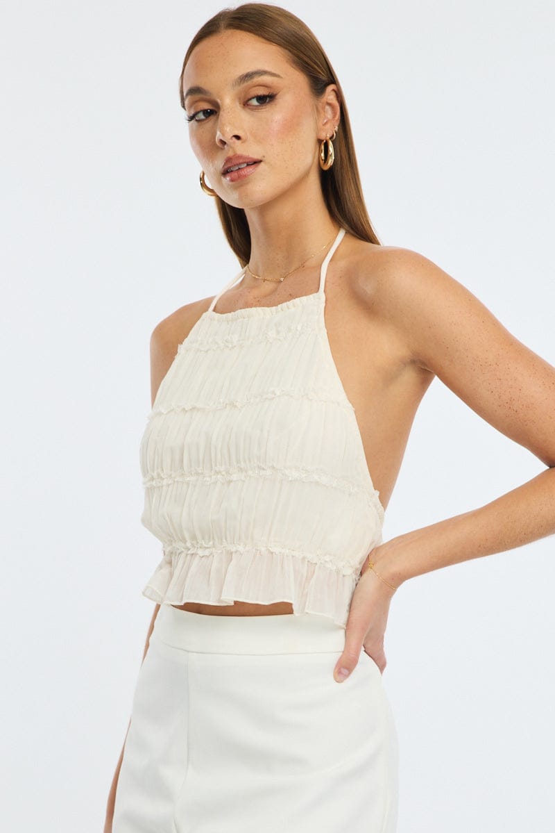 White Halter Textured Top Sleeveless Tie Back Cropped for Ally Fashion