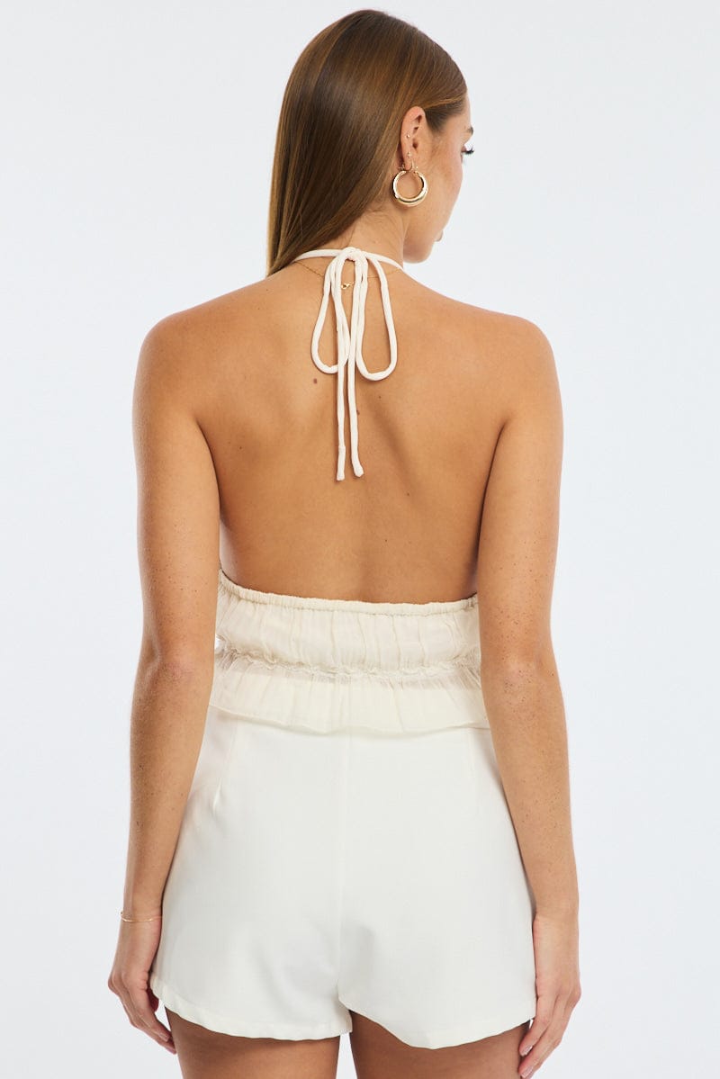 White Halter Textured Top Sleeveless Tie Back Cropped for Ally Fashion