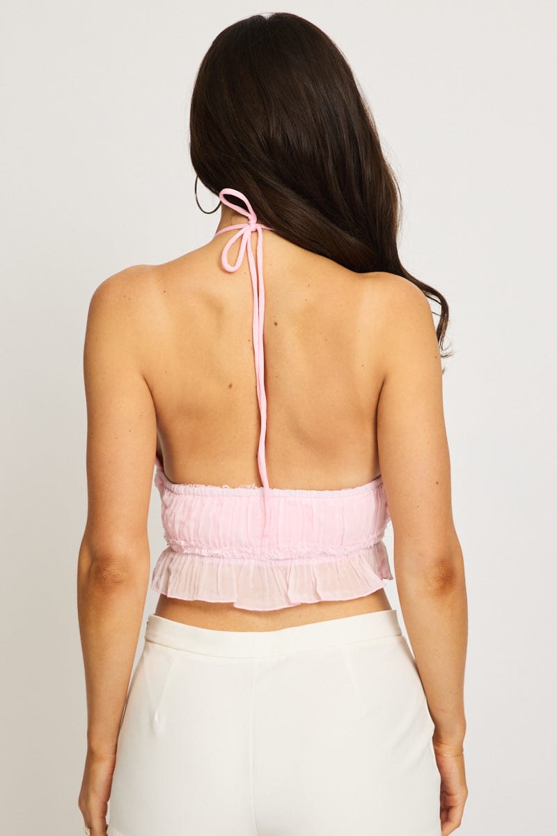 Pink Halter Textured Top Sleeveless Tie Back Cropped for Ally Fashion