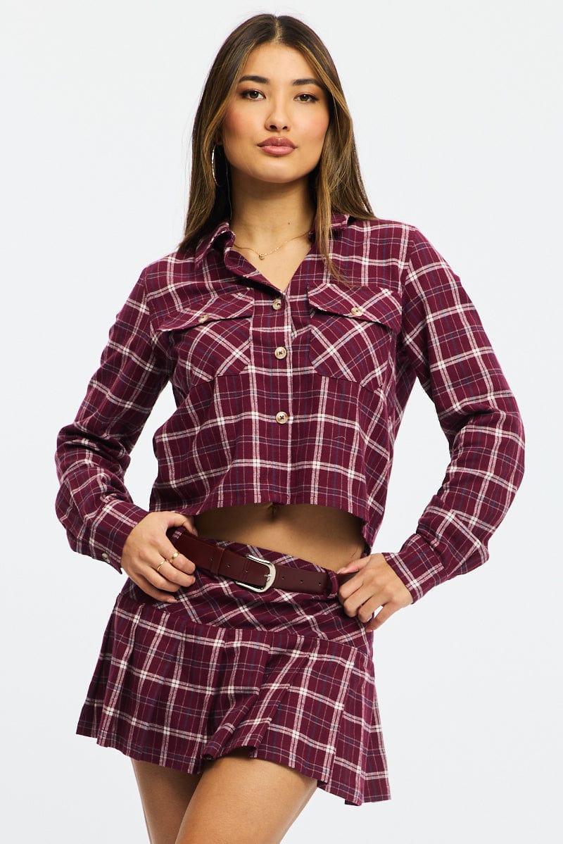 Multi Check Flannel Shirt Long Sleeve Collared Cropped for Ally Fashion