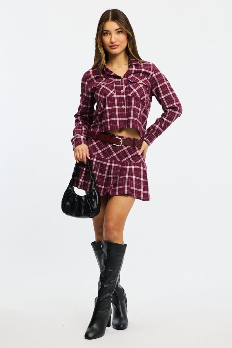 Multi Check Flannel Shirt Long Sleeve Collared Cropped for Ally Fashion