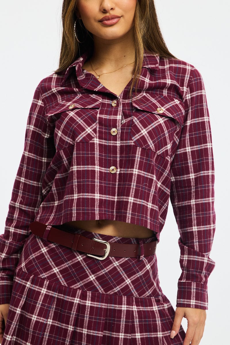 Multi Check Flannel Shirt Long Sleeve Collared Cropped for Ally Fashion