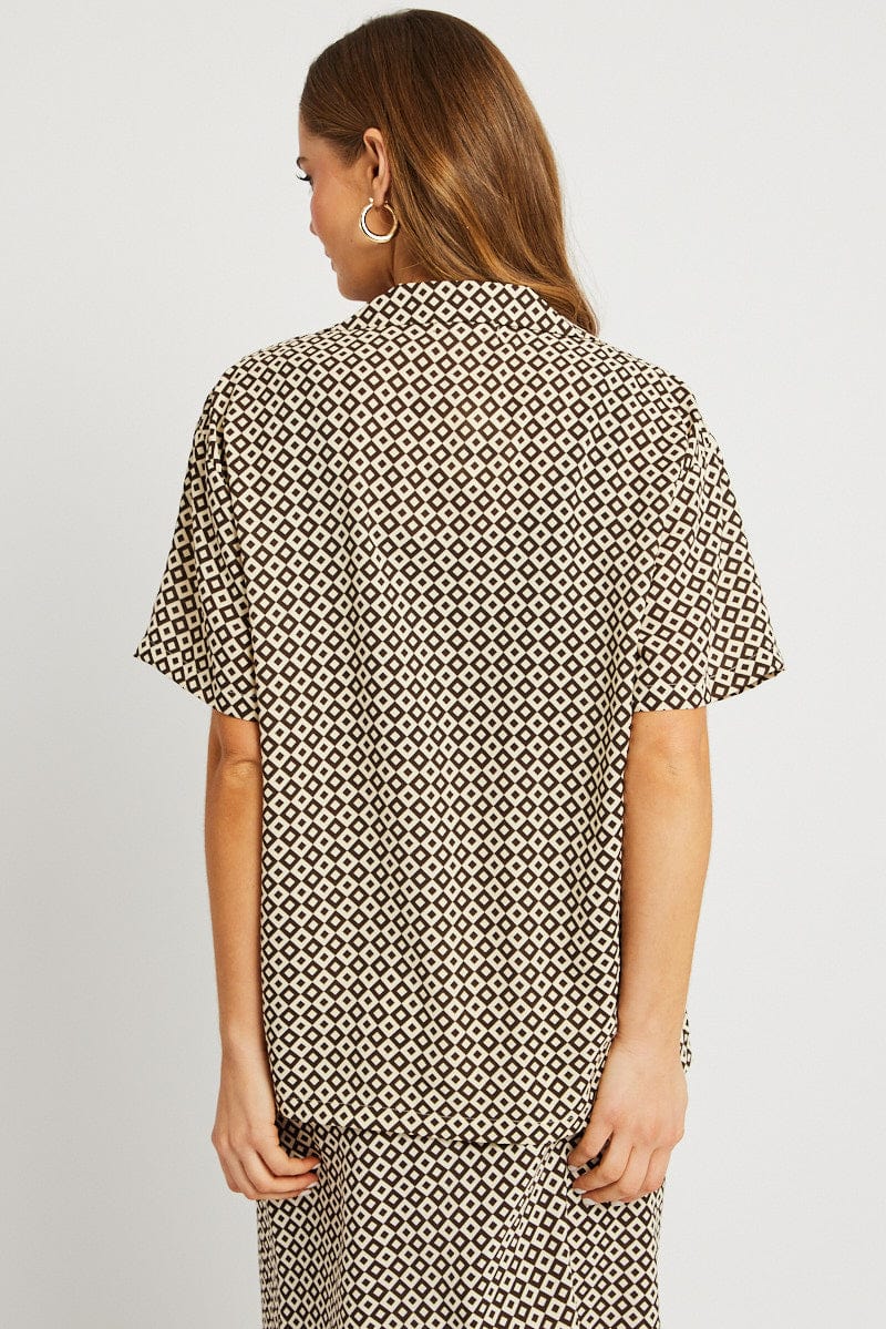 Brown Geo Relaxed Shirt Short Sleeve for Ally Fashion