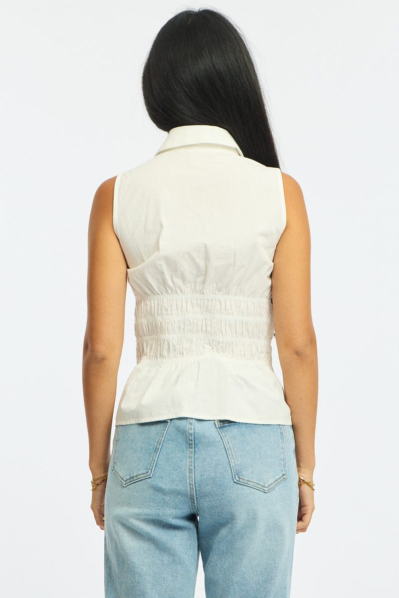 White Gathered Shirt Sleeveless Collared Button Up for Ally Fashion