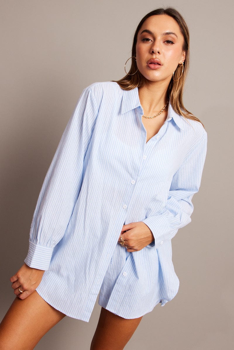 Blue Stripe Relaxed Shirt Long Sleeve for Ally Fashion