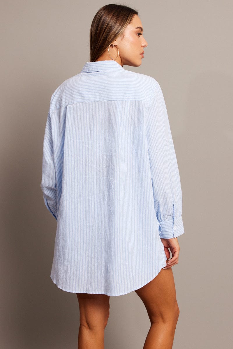 Blue Stripe Relaxed Shirt Long Sleeve for Ally Fashion