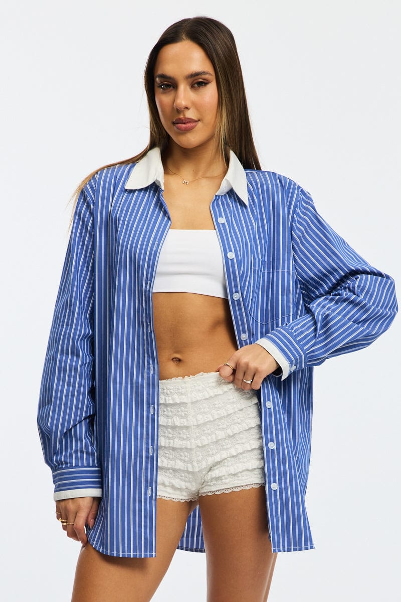 Blue Stripe Oversized Shirt Long Sleeve Collared Button Up for Ally Fashion