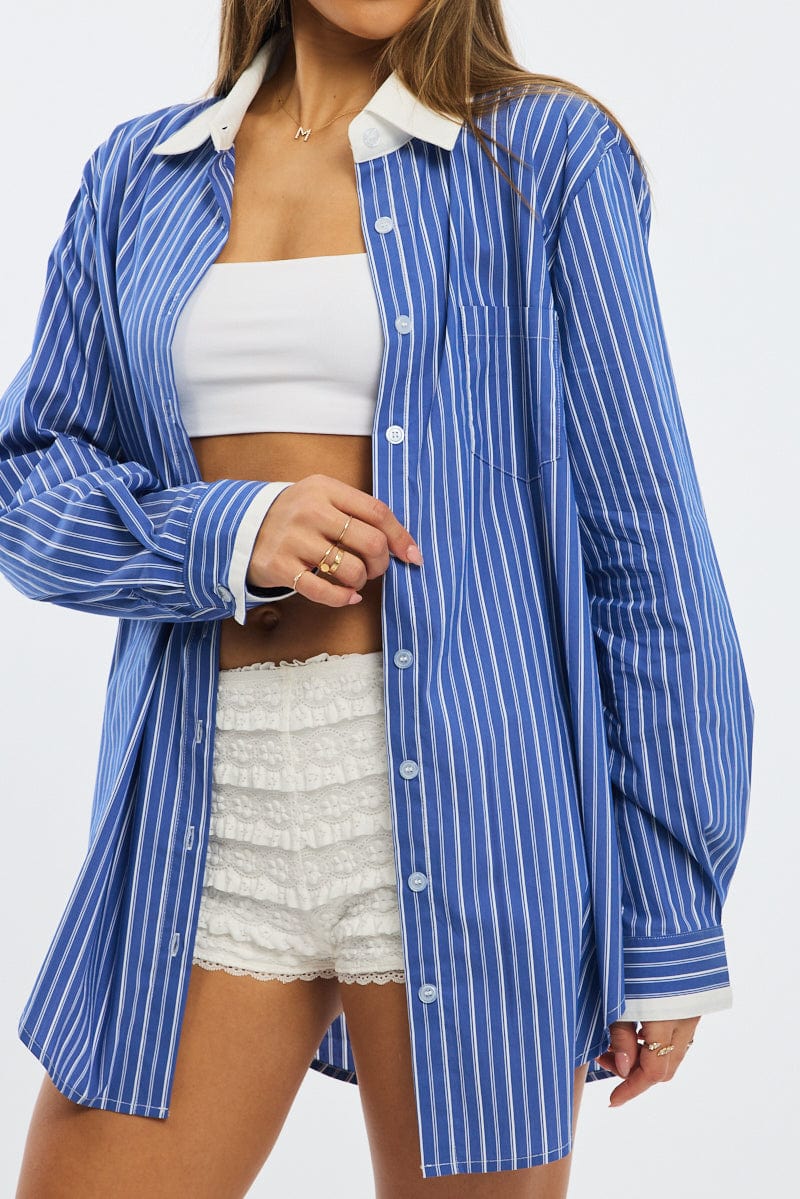 Blue Stripe Oversized Shirt Long Sleeve Collared Button Up for Ally Fashion