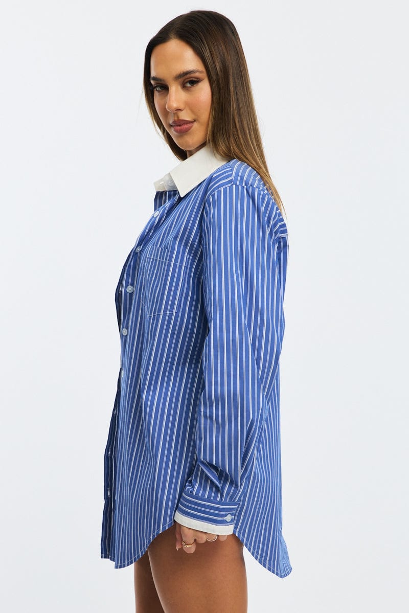 Blue Stripe Oversized Shirt Long Sleeve Collared Button Up for Ally Fashion
